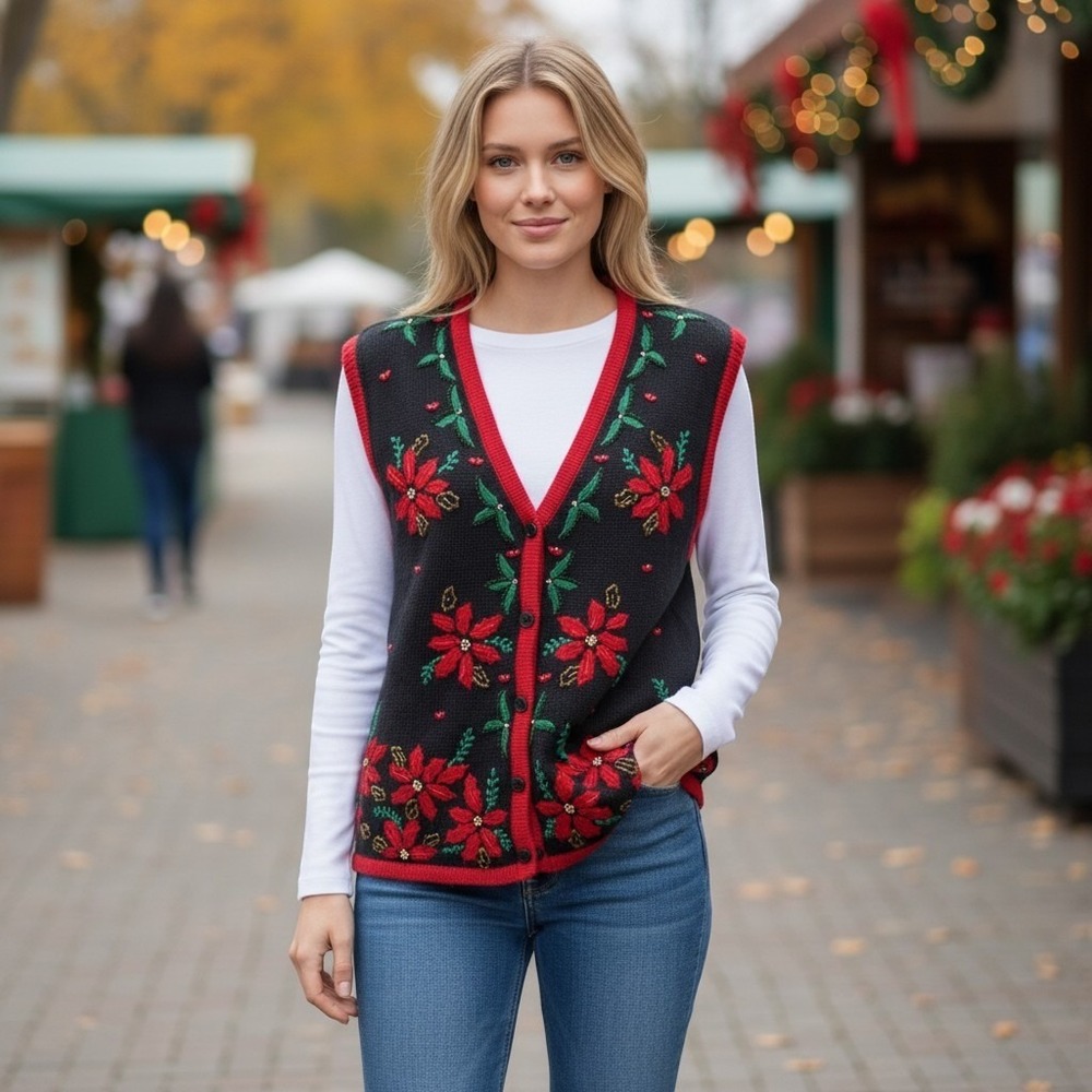 Vintage 1990s Bobbie Brooks Christmas Poinsettia Sweater Vest Sz L 12/14 grandma